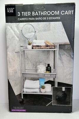 Easy Home 3 Tier Bathroom Cart Satin Nickel Sturdy Casters For Mobility Storage