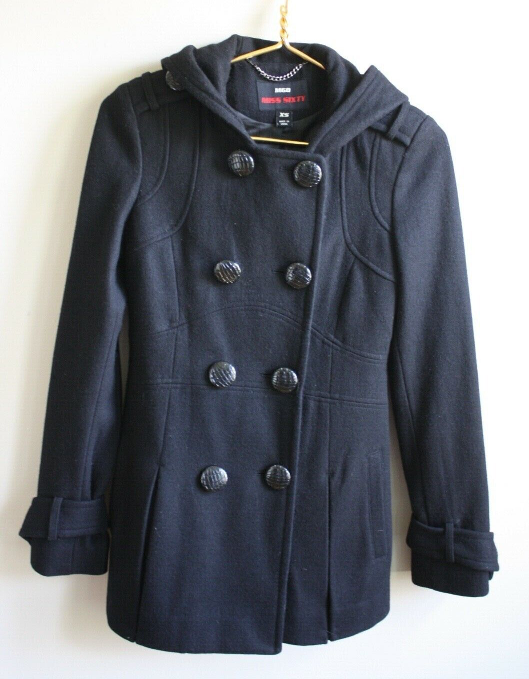 M60 Miss Sixty XS Black Peplum Flare Coat Double Breasted
