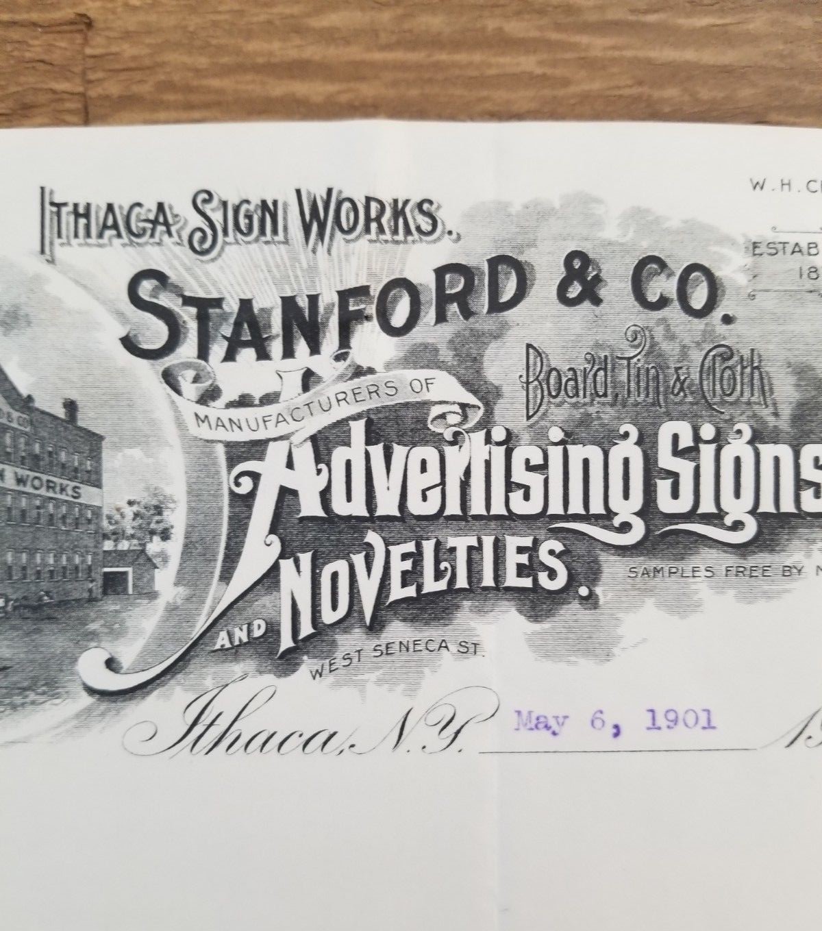 Illustrated 1901 Advertising Billhead Ithaca Sign Works Stanford & Co New York