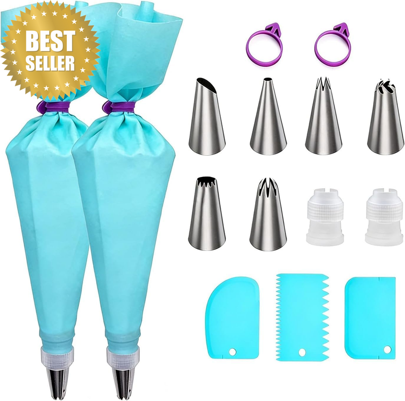 15-Piece Piping Bags and Tips Set - Reusable Silicone Pastry Bags with 6 Stainle