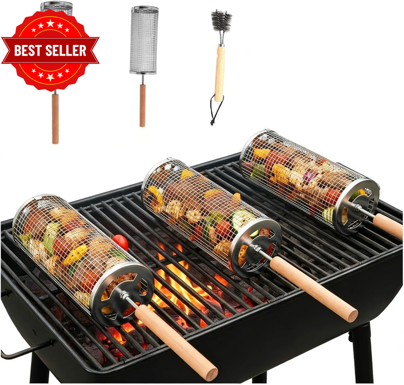 2-Piece Rolling Grill Basket – 304 Stainless Steel, Removable Wooden Handle +BBQ