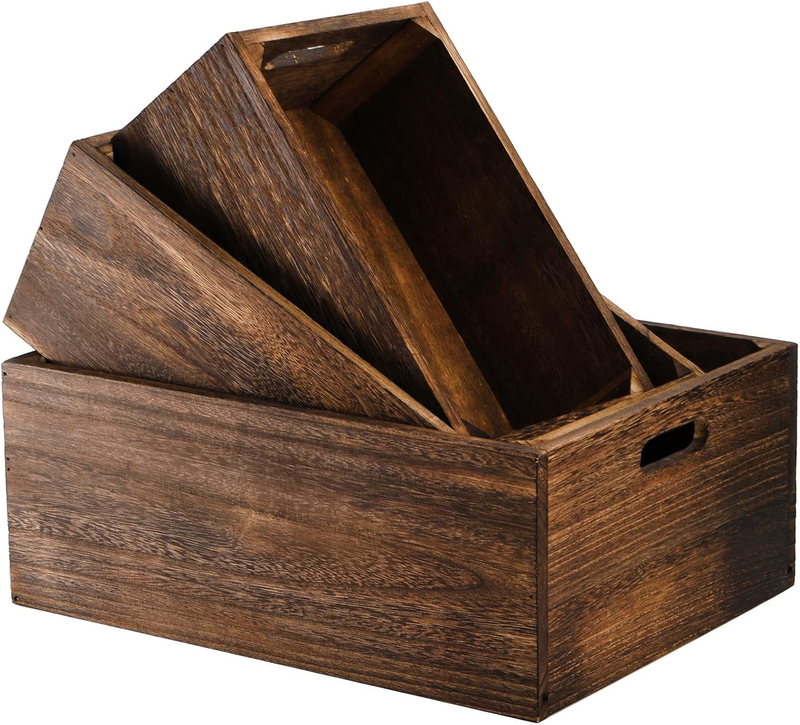 Set of 3 Wood Nesting Storage Crates with Handles, Decorative Farmhouse Wooden C