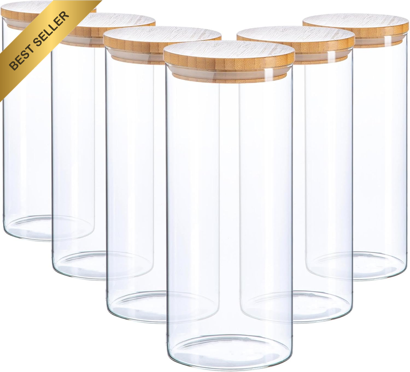 6 Pack 1500Ml Scandi Glass Storage Jars with Wooden Lids for Kitchen