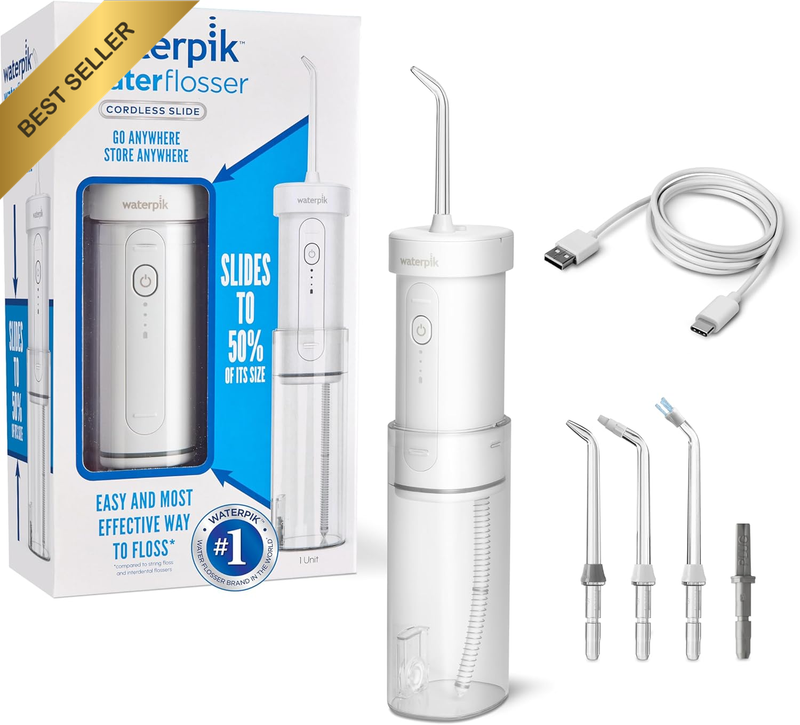 Collapsible Cordless Water Flosser USB‑C Rechargeable 3‑Pressure 4 Tips White