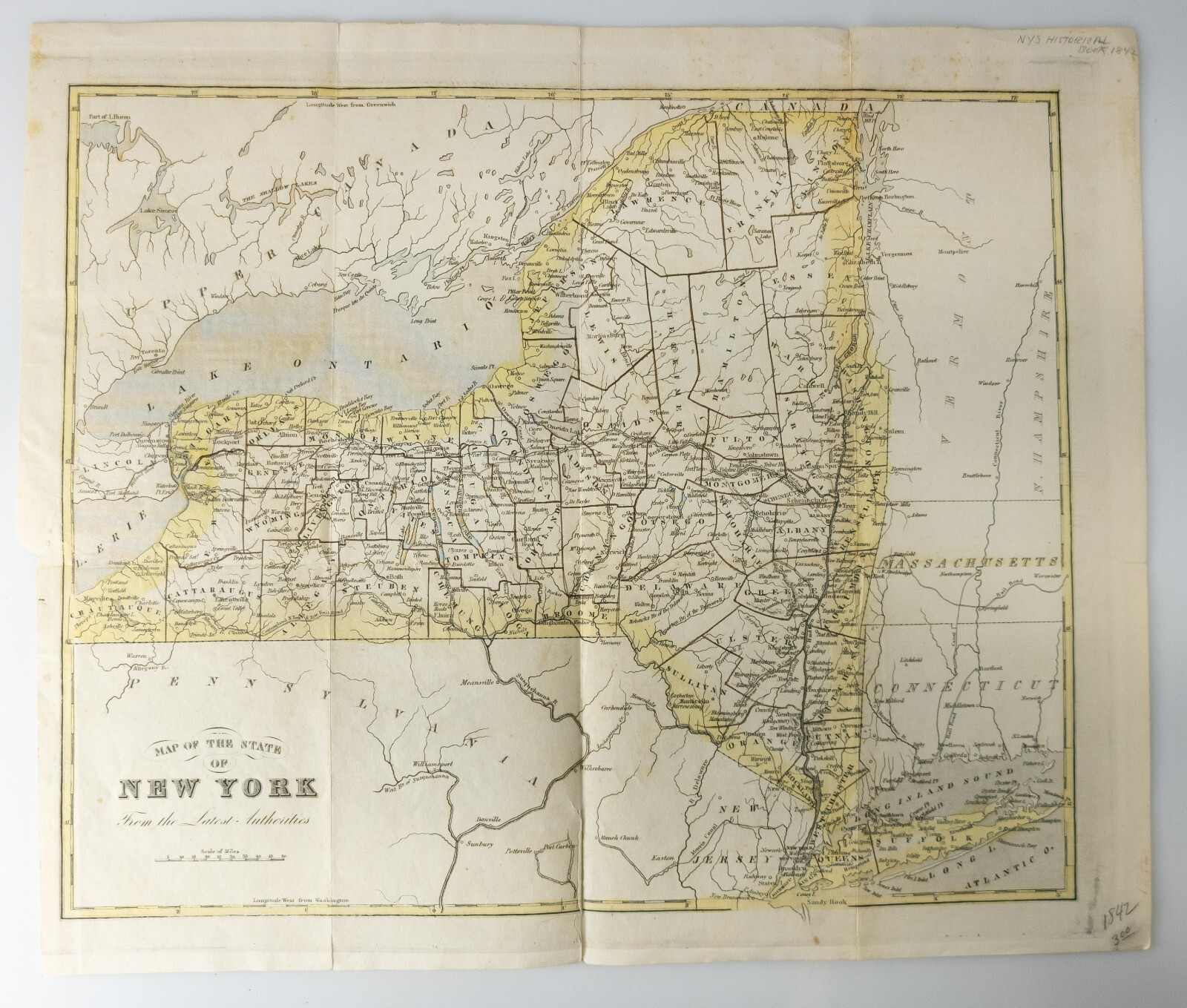 OLD USAページ Antique American Hand Colored 1842 Map of The State of New