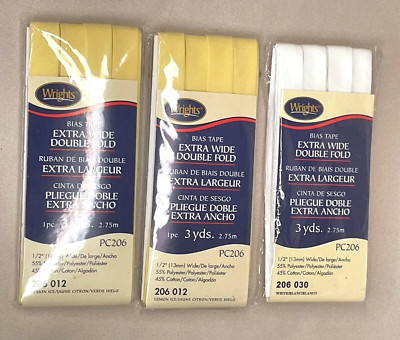 Set of 3 Wrights Double Fold Bias Tape Extra Wide 3 yd 1-White and 2 Lemon Ice