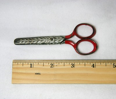 TWO PAIR ANTIQUE SCHOOL SCISSORS, USA & GERMANY STAMPS, CUT PAPER STILL