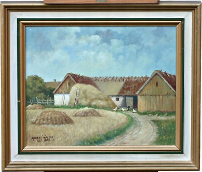 Anders Wallin – Bauernhof Landschaft mit Heuhaufen – Öl auf Holz signiert 1952