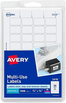 Avery  Removable Print or Write Labels, White, 0.5 x 0.75 Inches, Pack of 1008