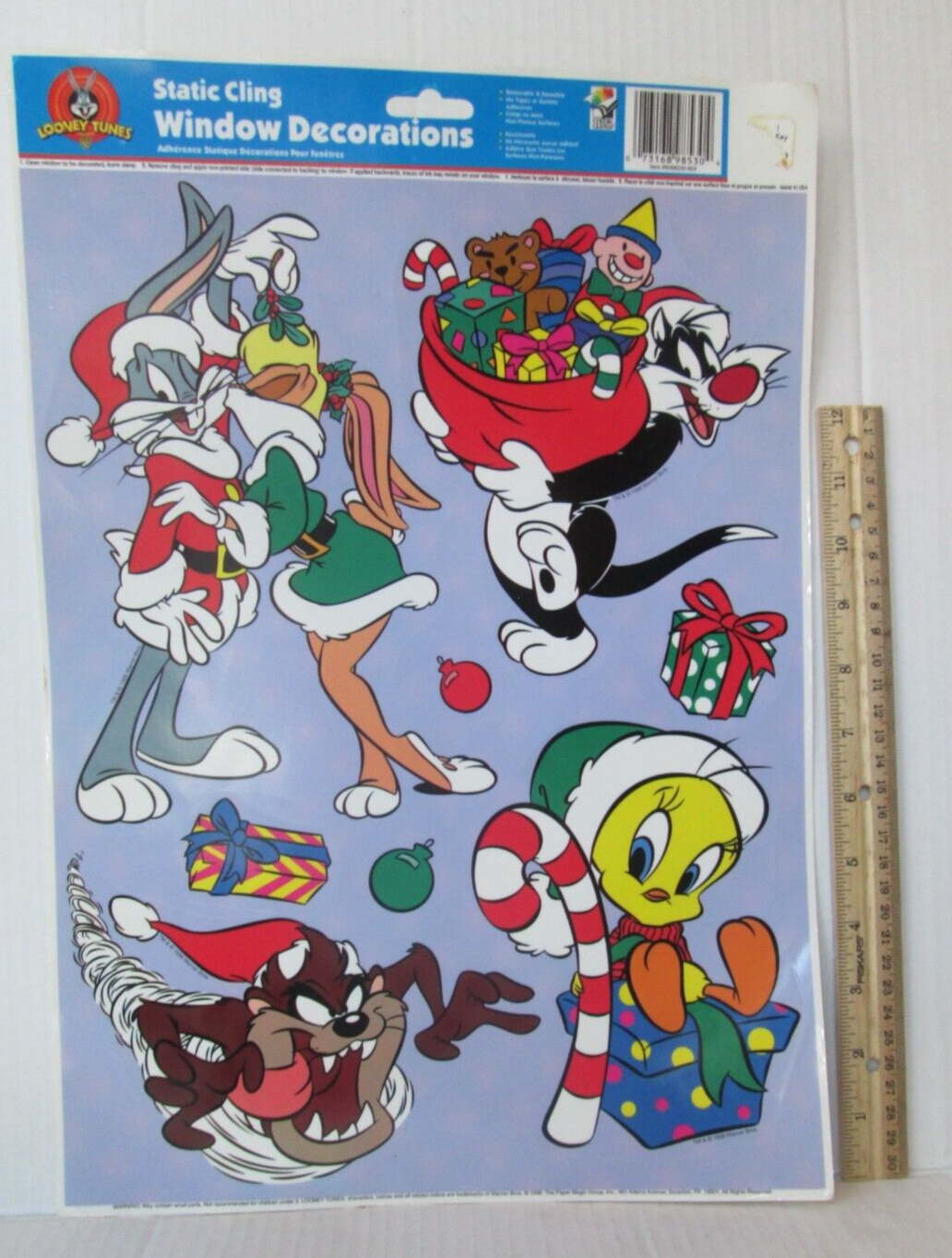 Vtg 1998 Looney Tunes Christmas Window Cling Decoration Taz