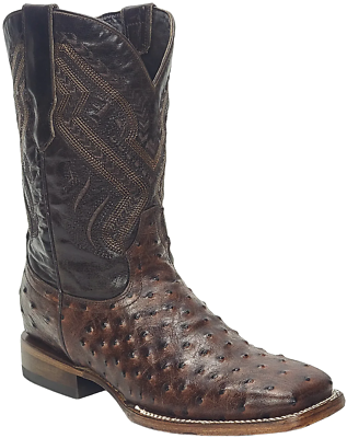Men Ostrich Print Leather Handcrafted Western Wide Square Toe Brown Cowboy Boots