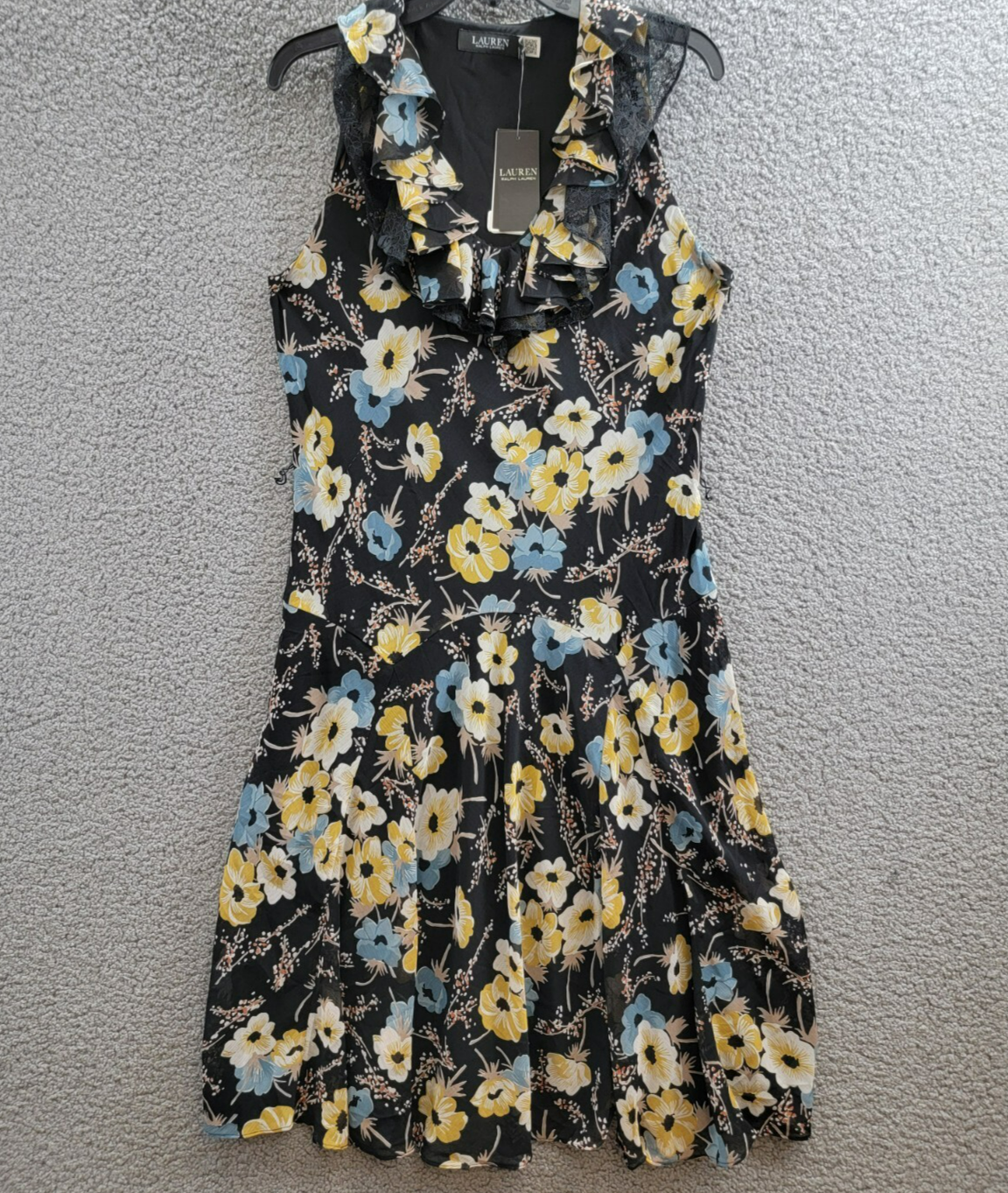 Lauren Ralph Lauren Floral A-Line Dress Women's 8 Black Multi Ruffled Side Zip - Picture 2 of 15