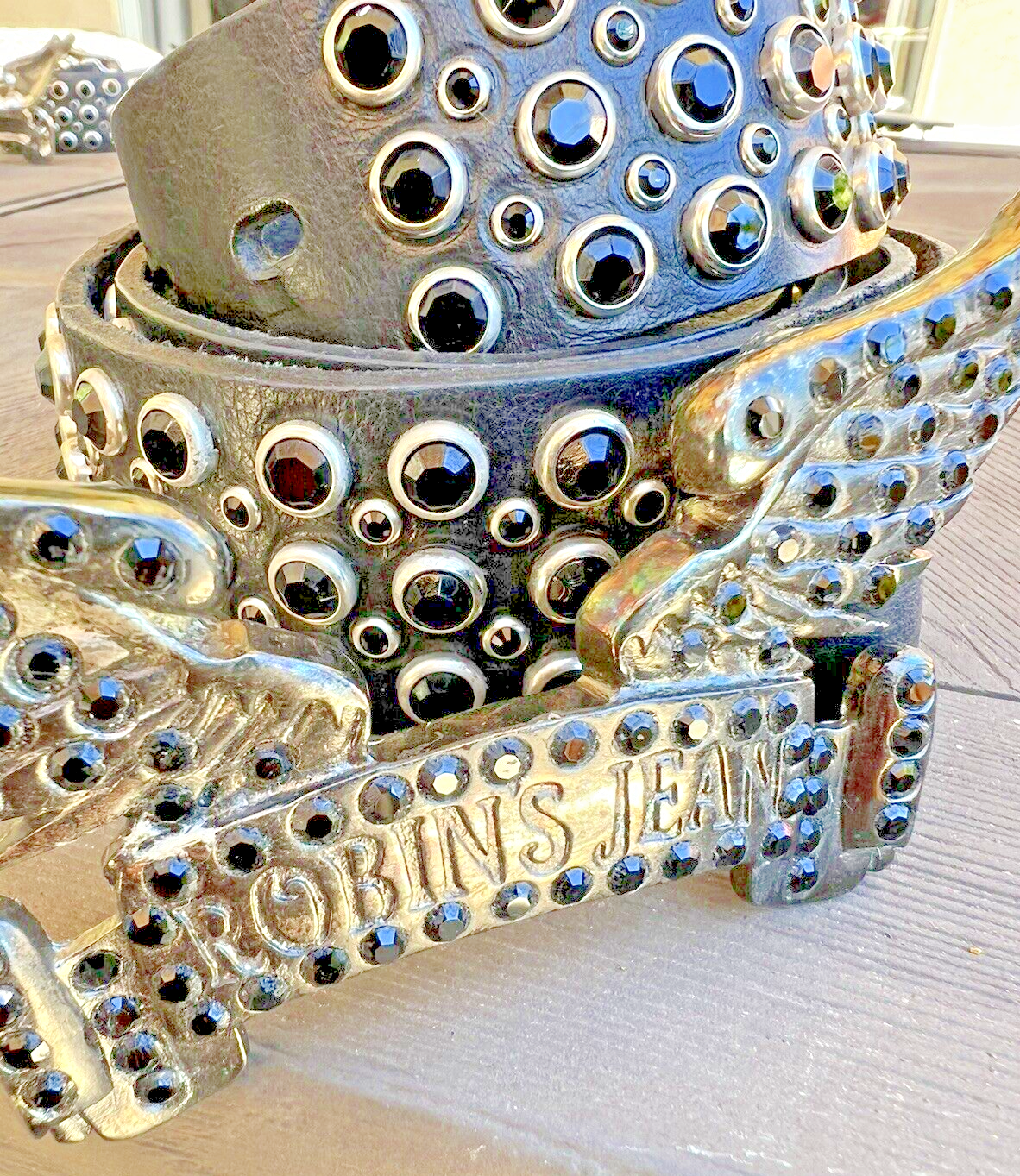 Pre-owned Handmade Robins Jean Hand Made Leather Belt With Black Stone Studs 100% Made In Italy