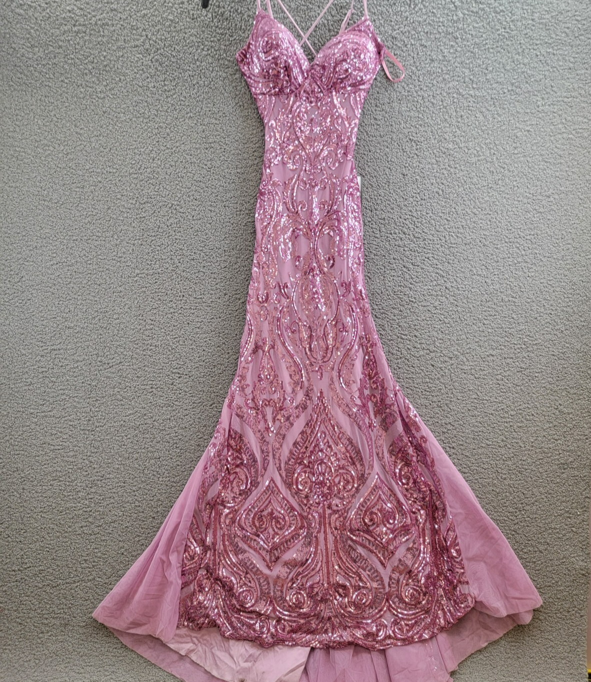 B Darlin Sequin-Pattern Floor-Sweeping Gown Juniors' 0 Dark Mauve Zip Closure - Picture 2 of 17