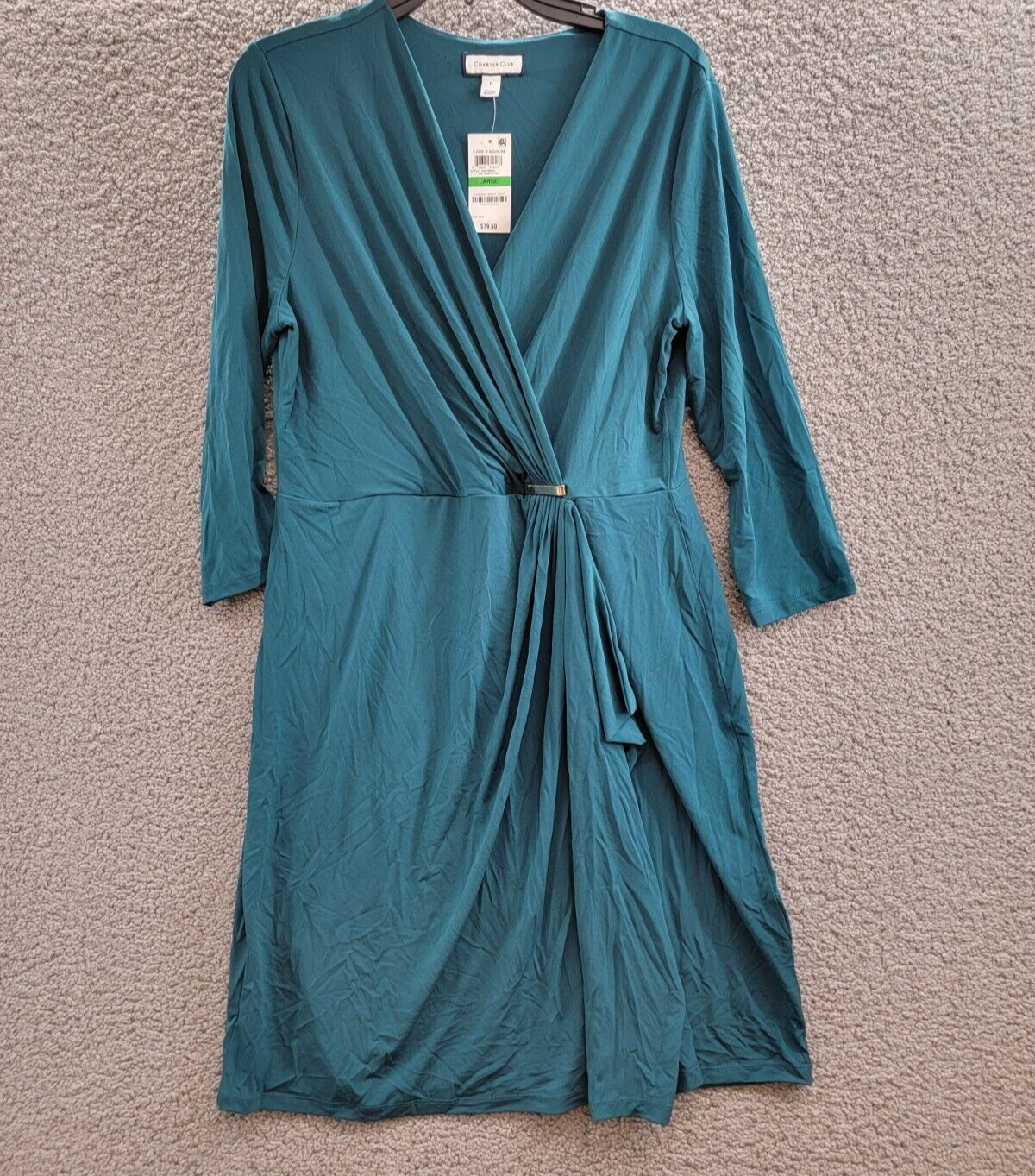 Charter Club Faux-Wrap Dress Women's L Deep Pine Surplice Neck 3/4 Sleeve - Picture 2 of 16