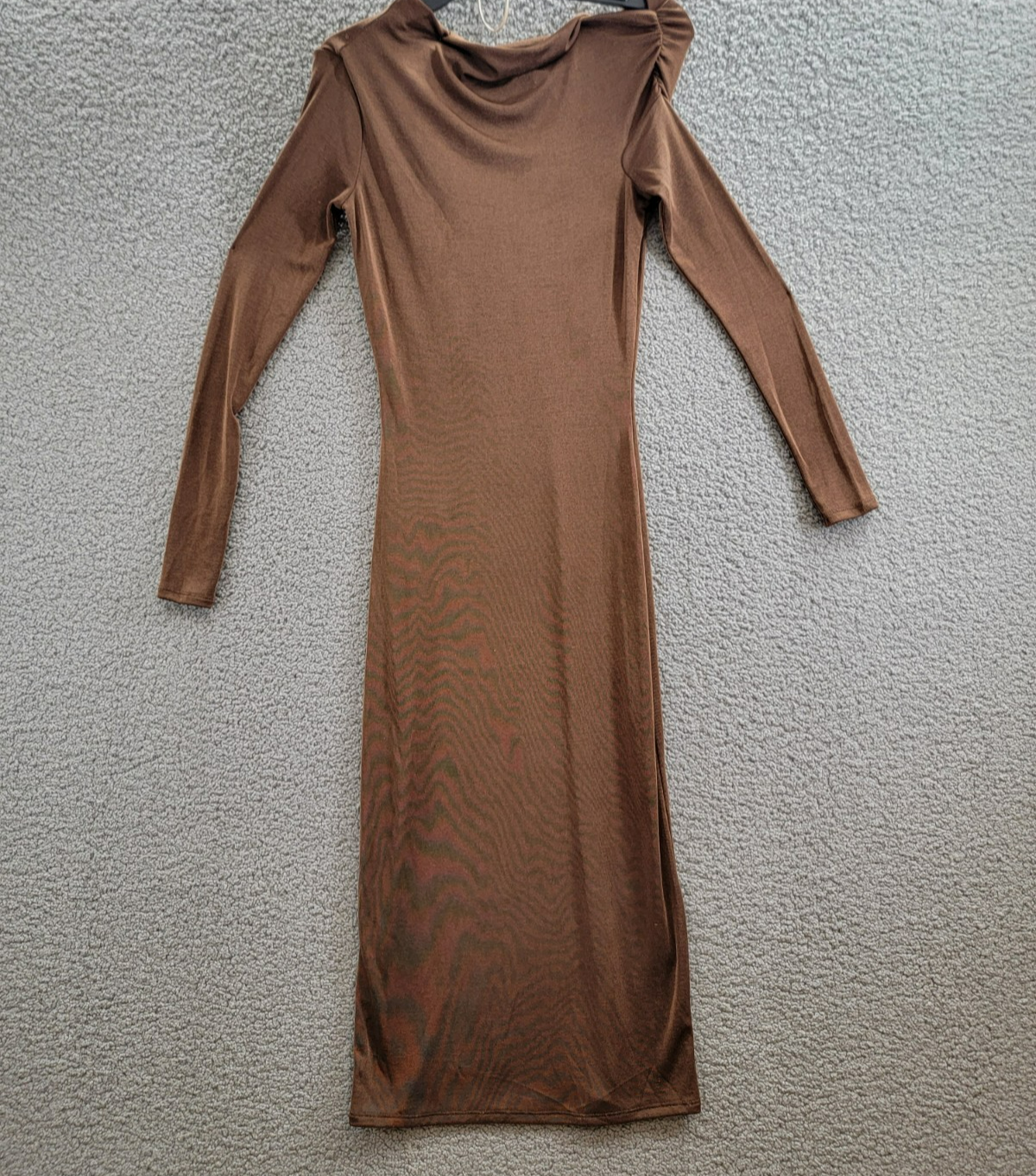 WAYF Everly Midi Dress Women's XS Brown Asymmetric Drape Neck Ruched Pullover - Picture 2 of 13