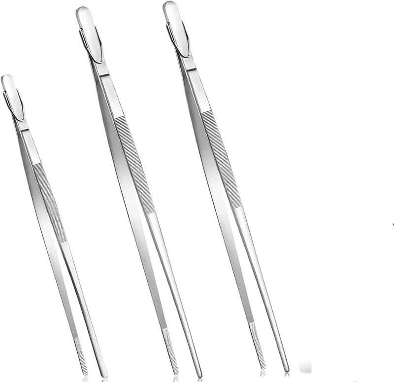 3 Pcs Kitchen Fine Tweezer Tongs with Hooks-12'' and 10