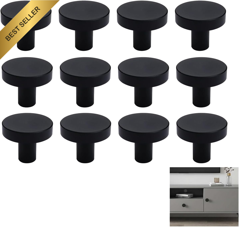 12 Pack Matte Black Cabinet Knobs: Durable Solid Zinc Alloy Dresser Knobs, Singl