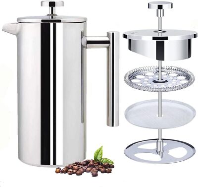French Press Coffee Maker Cafetiere 8-cup 1000ml Stainless Steel Filter Plunger