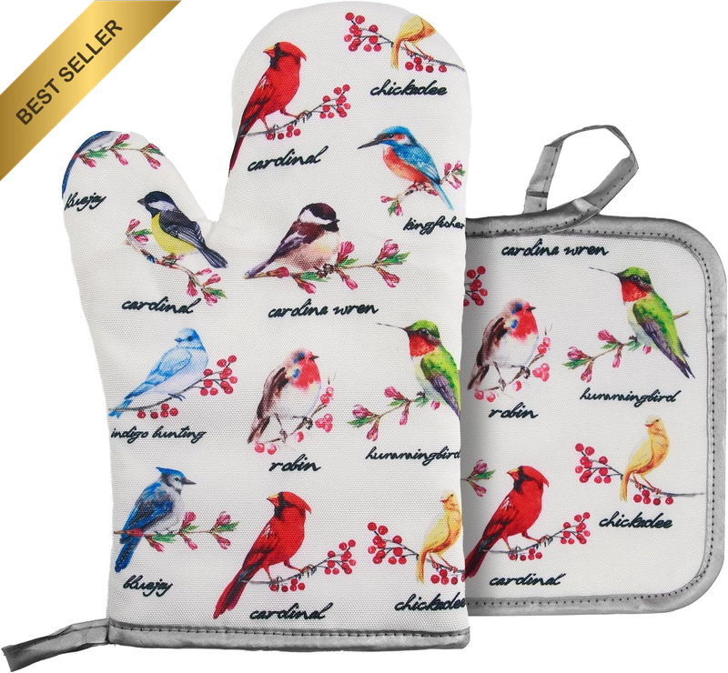 Oven Mitts and Pot Holders Set 536°F Heat Resistant Vintage Floral Bird