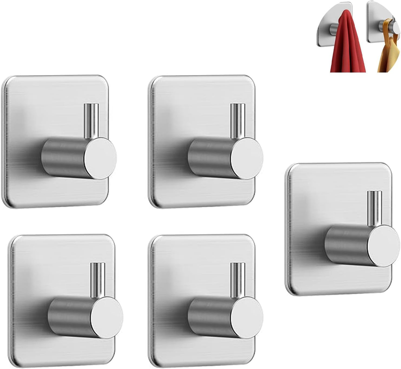 5-Pack Stainless Steel Adhesive Hooks, Heavy-Duty Waterproof Rustproof Wall Hang