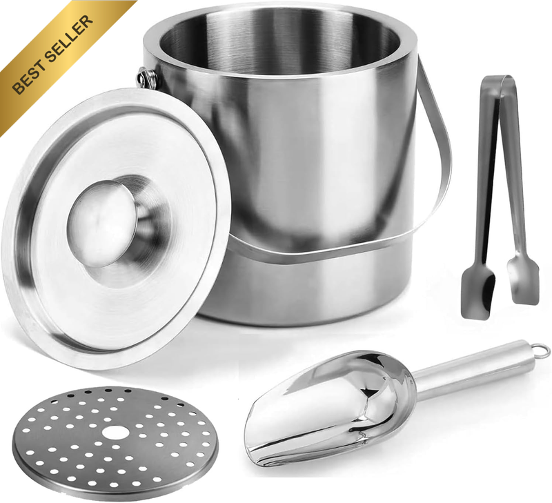 3L 304 Stainless Steel Double-Wall Ice Bucket with Lid, Scoop, Tongs and Straine
