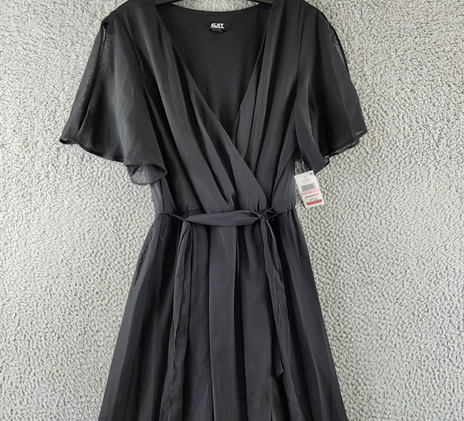 SLNY Fashions Ruffled Wrap Dress Women's 10 Black Surplice Neck Belted Pullover - Picture 4 of 15