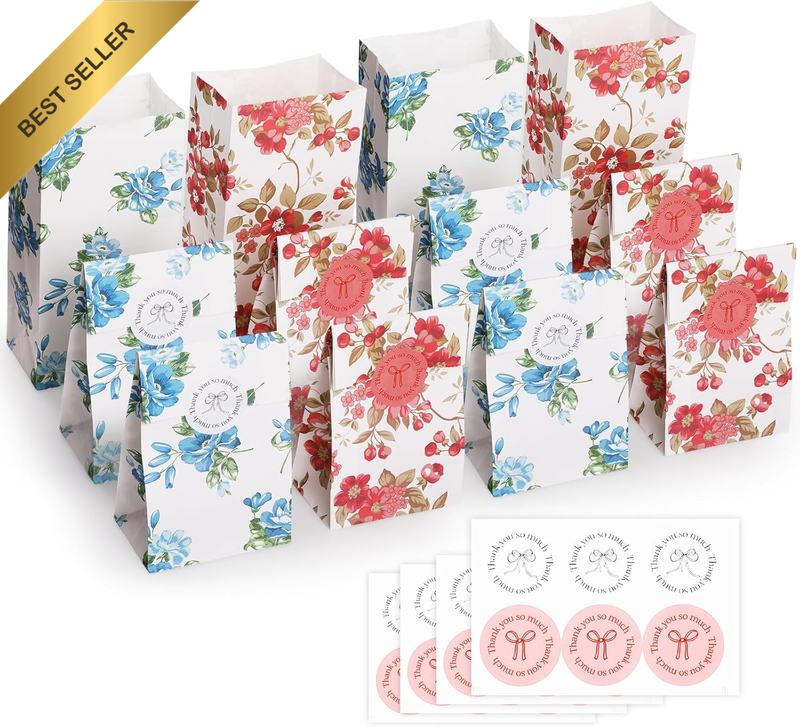 24 Pcs Gift Bags,  Paper Cookie Bag 7.5 * 12 * 23 Cm+Sticker Elegant Printed Flo