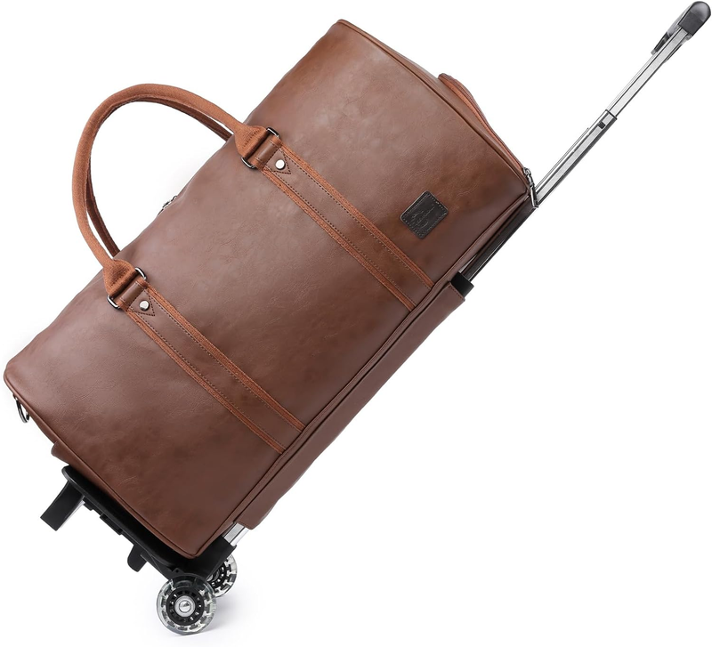 Wheeled Duffel Bag Waterproof Carry-On Luggage with Wheels (Removable, Leather)