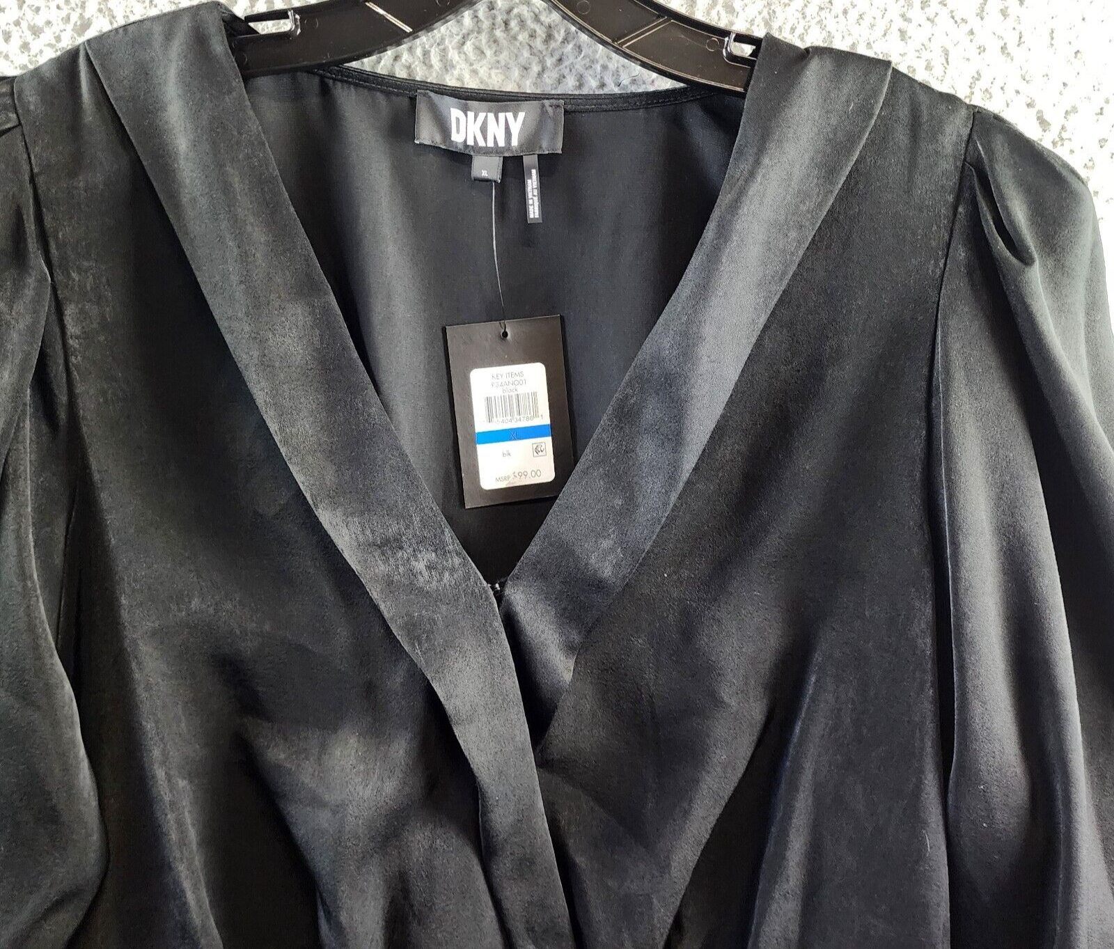 DKNY Surplice V-Neck Shirred Shoulder Peplum Top Women's XL Black Long Sleeve - Picture 4 of 15