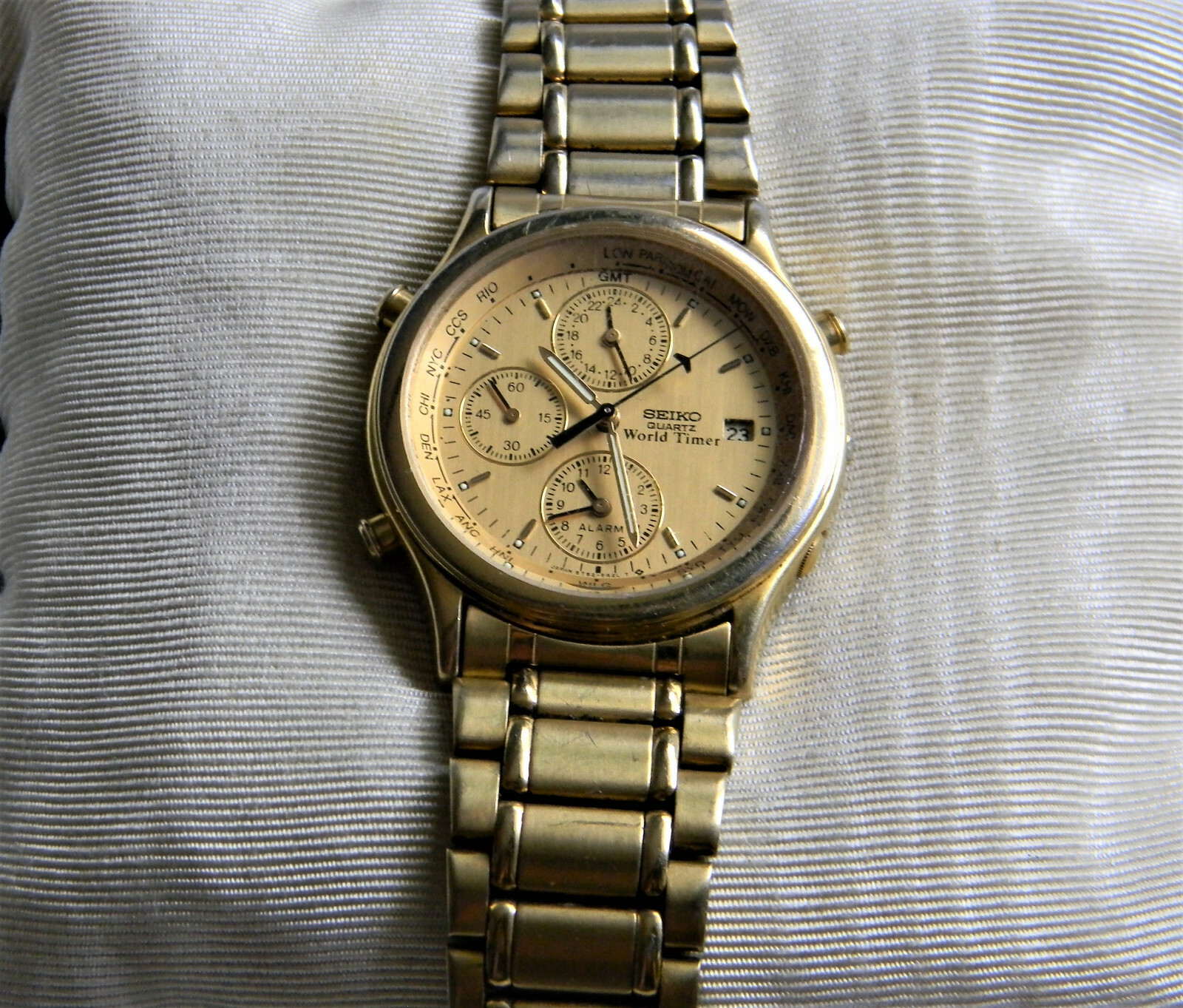 p178 Nice Men's Seiko World Timer Chronograph Gold Tone p178 Nice Men's Seiko World Timer Chronograph Gold Tone