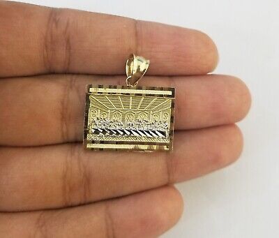 Pre-owned Gold & Diamond Jewelers Real 10k Gold Last Supper Charm Chain Miami Cuban Link Necklace 4mm 24 Inch Set In Yellow