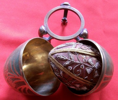 2 Ornate Eggs~Stand~Green Enamel Brass Trinket AND Silk Beaded Floral Easter Egg