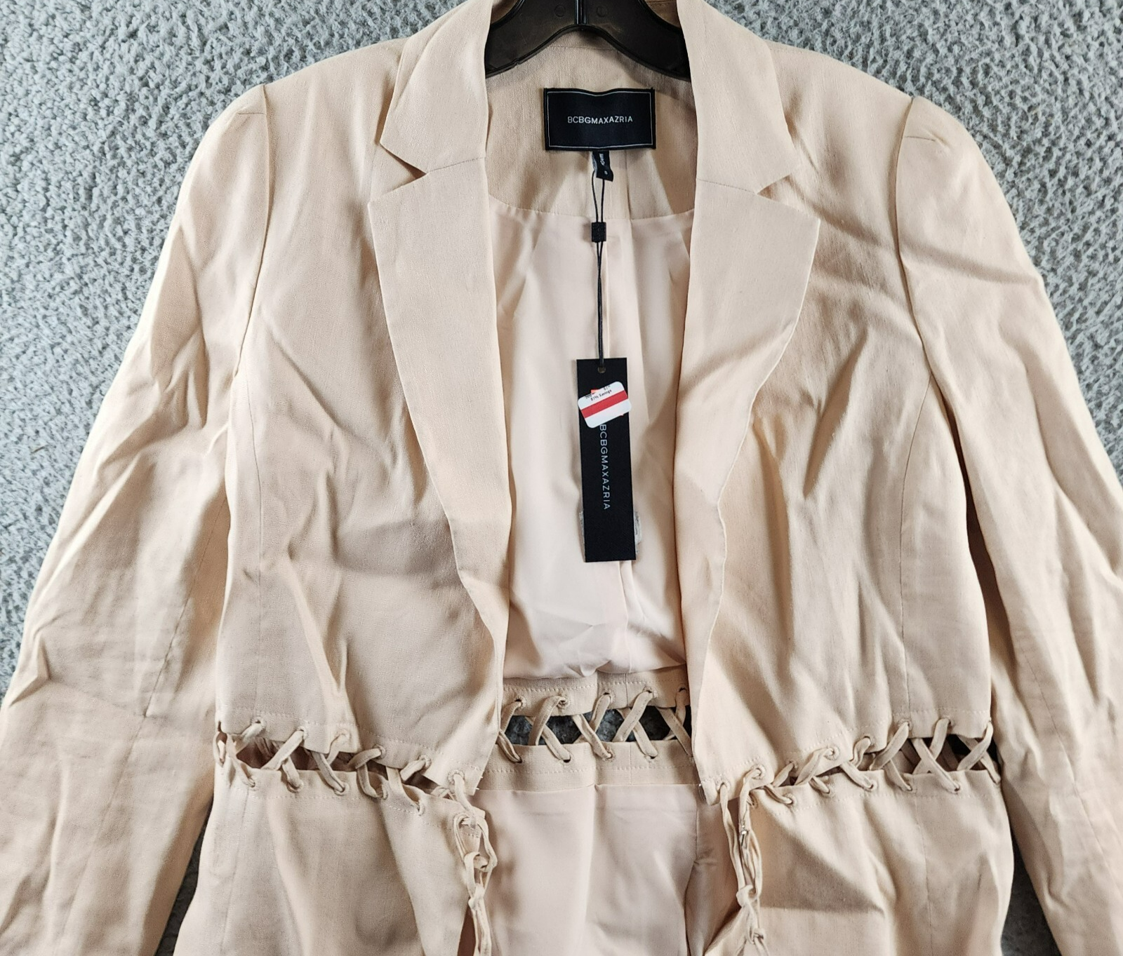 BCBGMAXAZRIA Linen Blend Lace Up Blazer Women's S Sand Long Sleeve Tie Closure - Picture 4 of 14