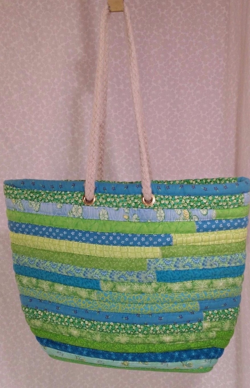 COILED FABRIC ROPE CLOTHES'LINE Market Tote Bag Basket TURQUOISE & GREEN 17X13