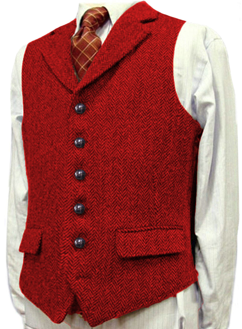 Red Mens Tweed Vest Wool Vintage Herringbone Hunting Golf Work Vest Large XL XXL