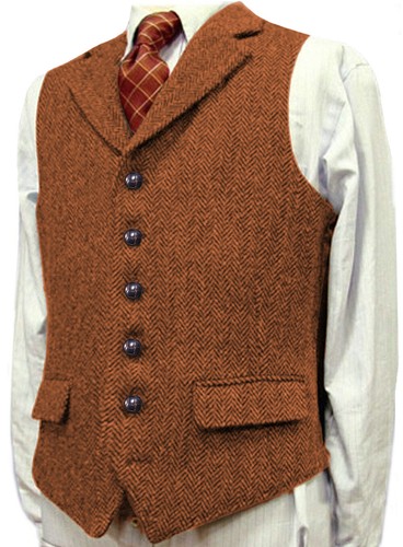 Mens Wool Vest Vintage Western Tweed Herringbone Formal Hunting Vests M Large XL