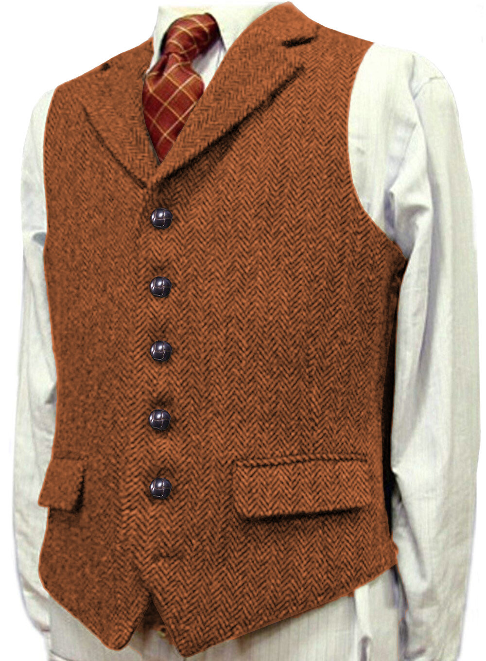 Red Mens Tweed Vest Wool Vintage Herringbone Hunting Golf Work Vest Large XL XXL