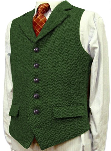 Mens Wool Vest Vintage Western Tweed Herringbone Formal Hunting Vests M Large XL