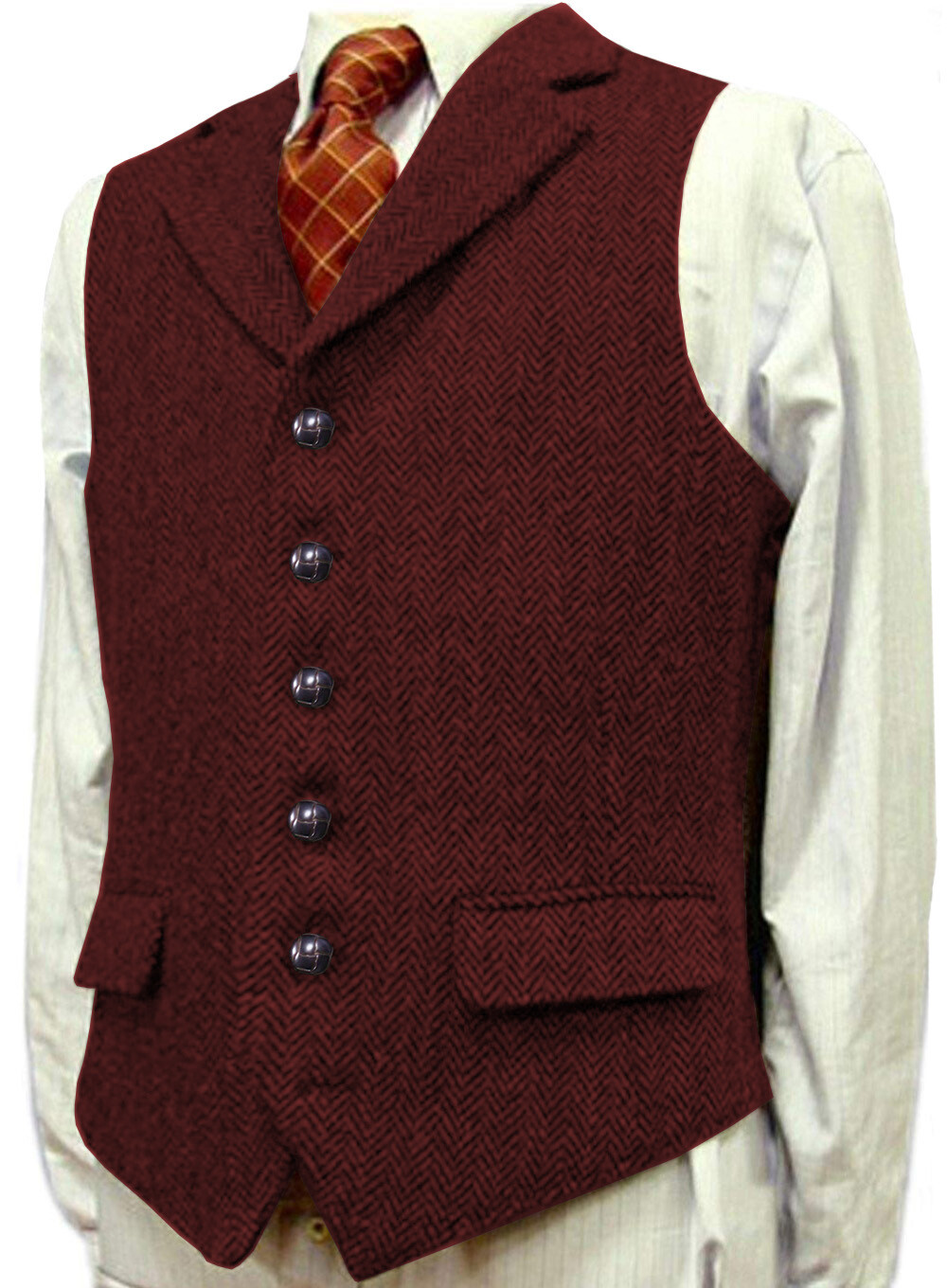 Red Mens Tweed Vest Wool Vintage Herringbone Hunting Golf Work Vest Large XL XXL