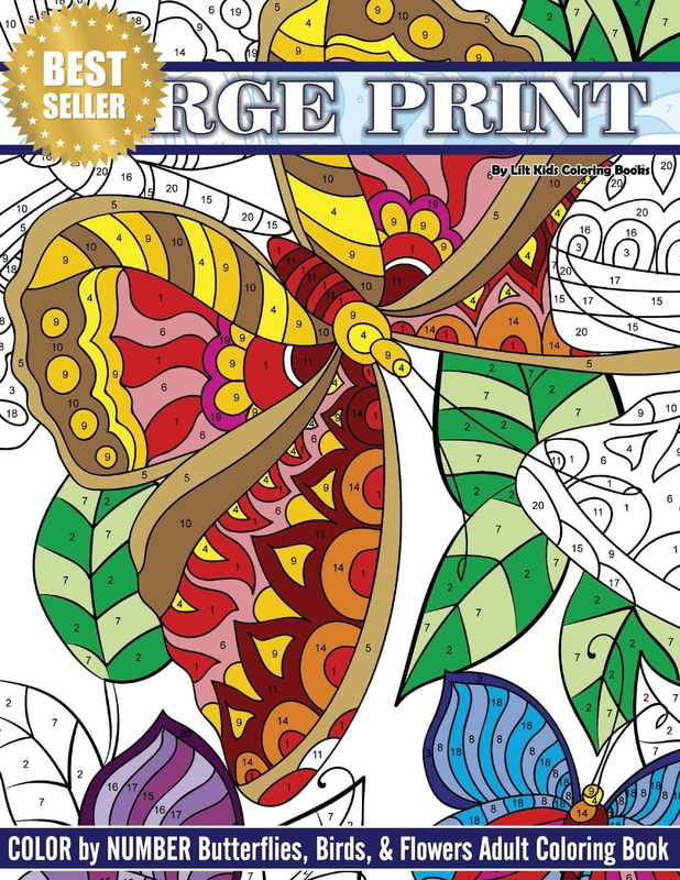 Large Print Color by Number Butterflies, Birds, and Flowers Adult Coloring Book: