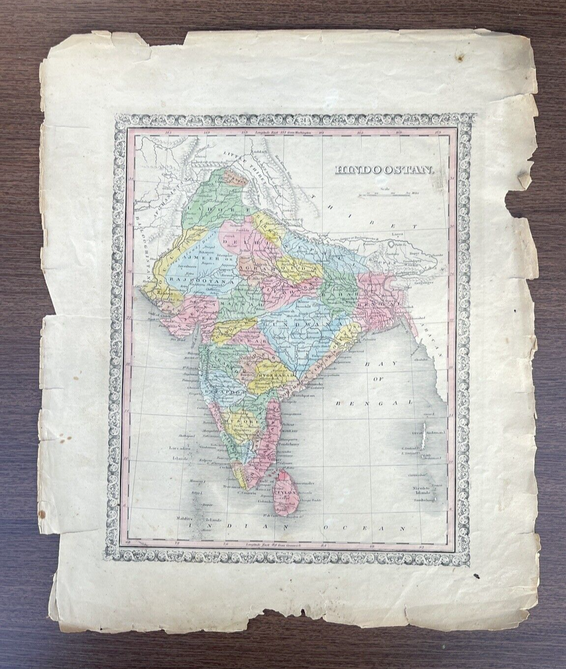 Antique 1846 Map 15.5"x 13" by H.S. Tanner Hindoostan India Hindustan