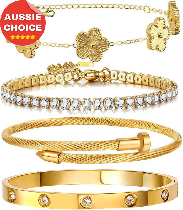 18K Gold Plated Women's Tennis Bracelets Clover Bangle Stackable Jewelry Set