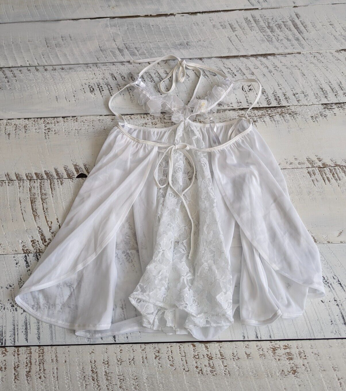 Dreamgirl Lingerie Size S Vintage White Bridal Lace & Mesh Open-Cup Babydoll Set