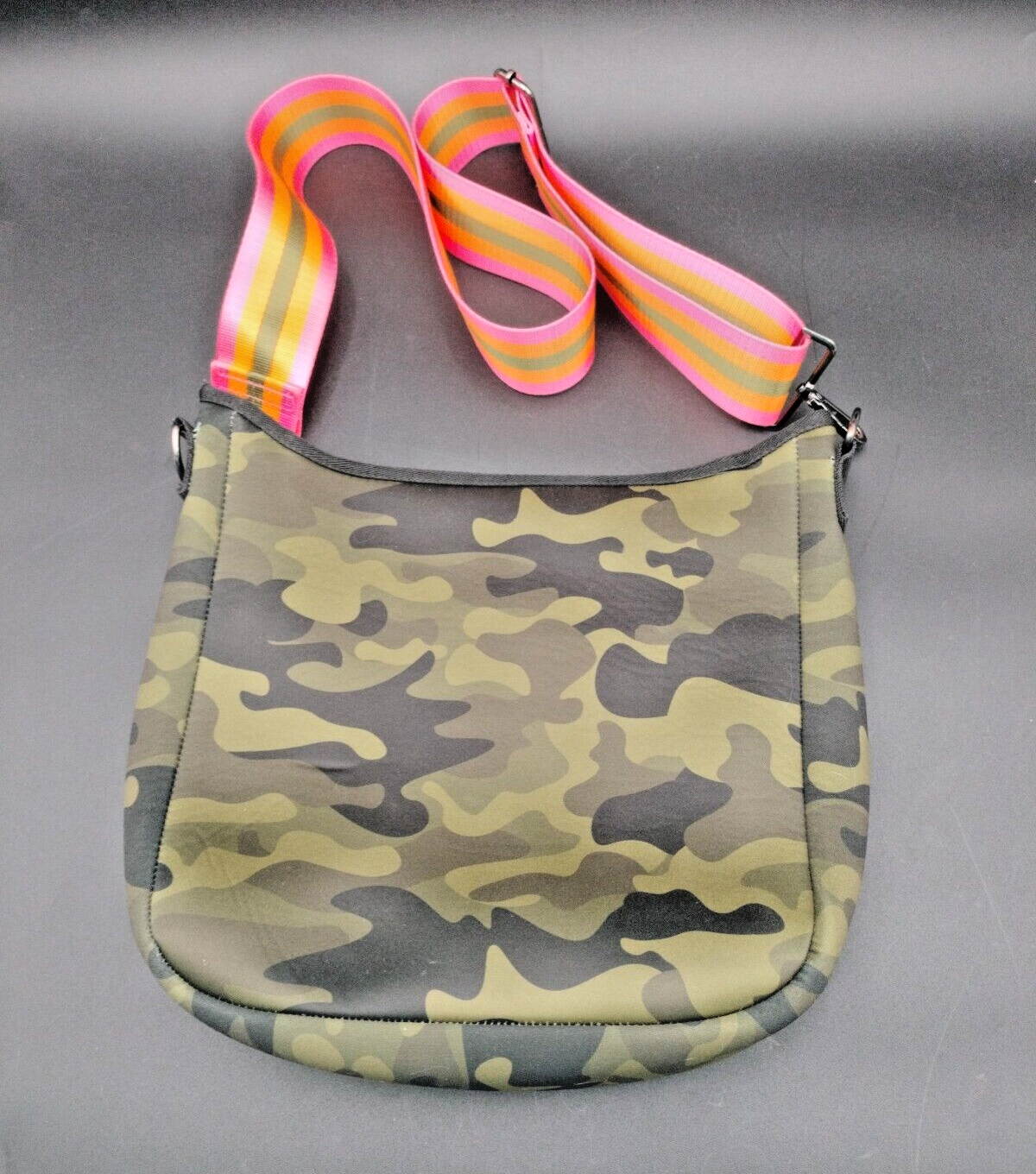 Haute Shores Blake Showoff Crossbody Bag Camo Green Pink Orange Stripe 11"x12" View 3
