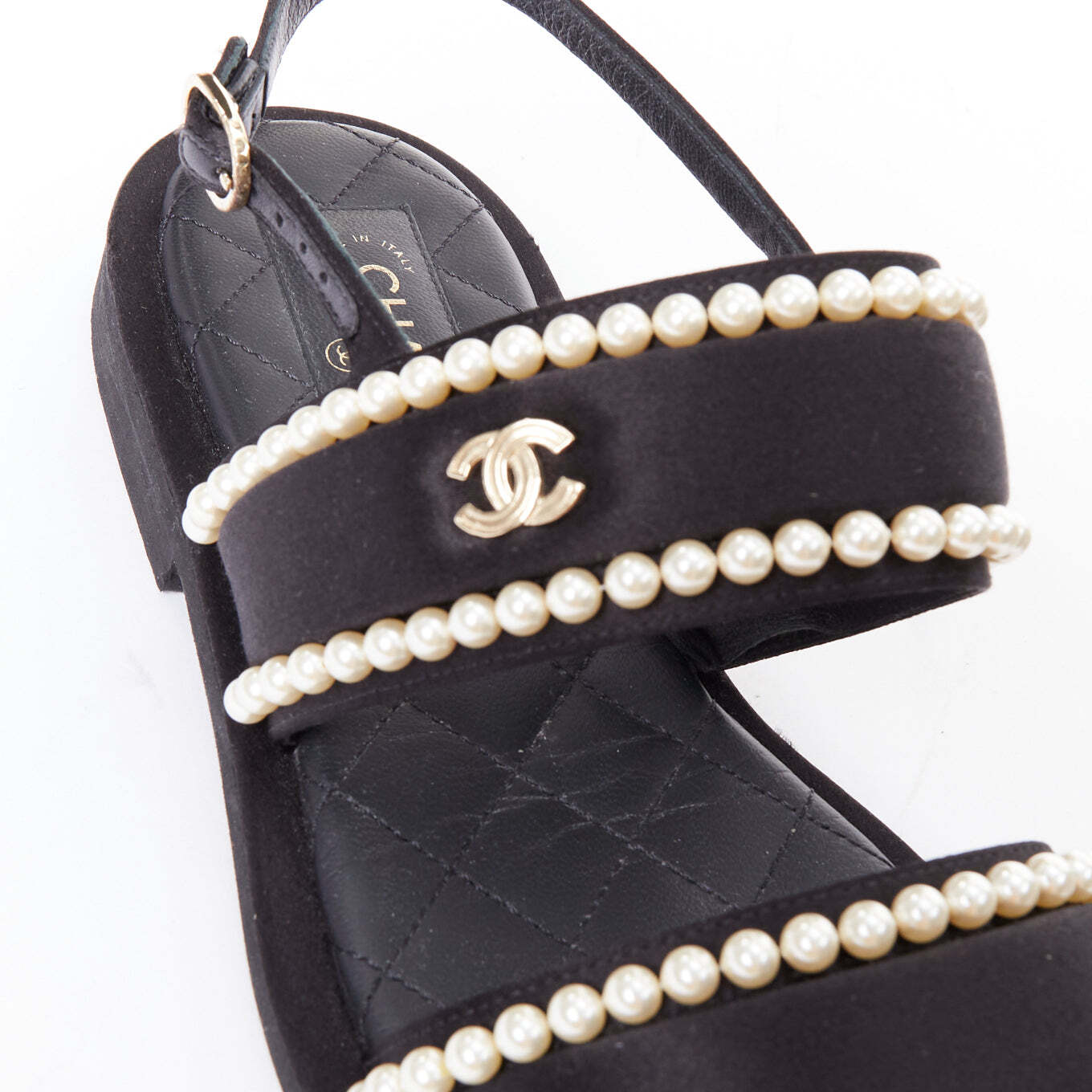 CHANEL 2022 black pearl embellished satin CC flat dad