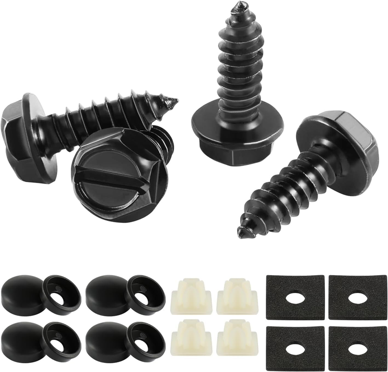 Rustproof License Plate Screws for Securing License Plates Frames and Covers on Cars and Trucks, 4 Sets Premium Stainless Steel Self Tapping Mounting Bolts (Black Zinc Plated)