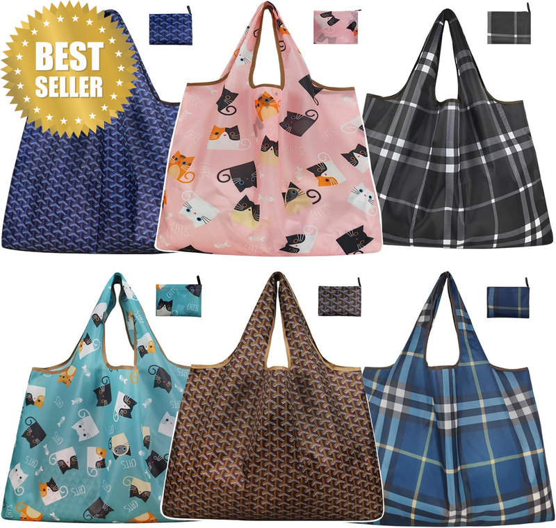6Pack Large Reusable Grocery Bags, Foldable Washable Shopping Totes Bags with Ha