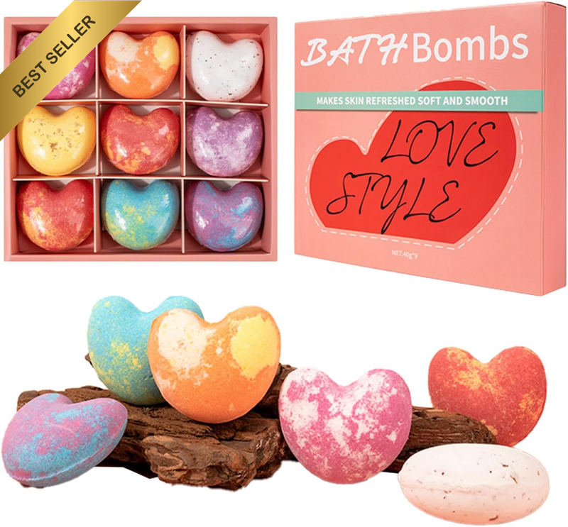 Bath Bombs Kids Women Gift Set, 9 Pcs Heart Shape Shower Steamers Bubble Bath Bo