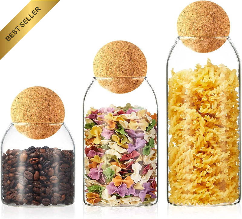 Set of 3 Glass Jars with Ball Cork Lids 500-1200ml Storage Canisters